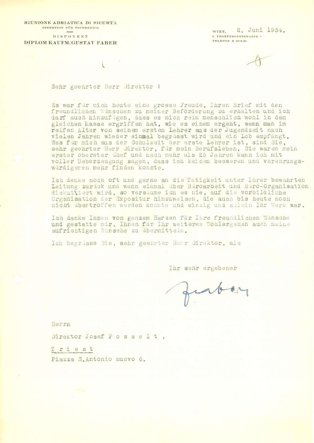 Autografo originale 1954 TRIESTE RAS Gustav FABER a Josef POSSELT EXPOSITUR 1