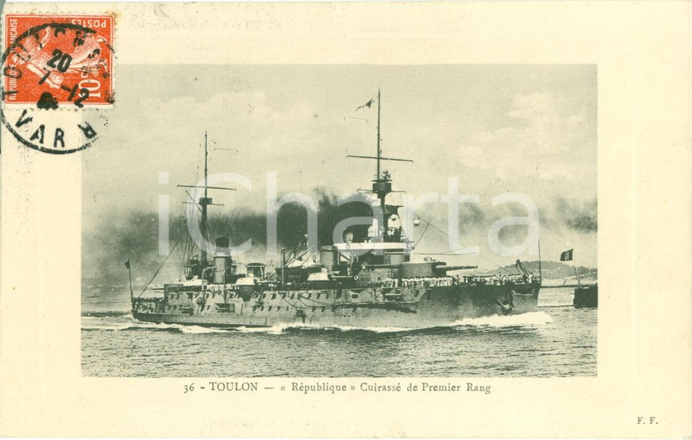 Cartolina originale da collezione 1909 TOULON F CuirassÃ© premier rang REPUBLIQUE FP VG 1