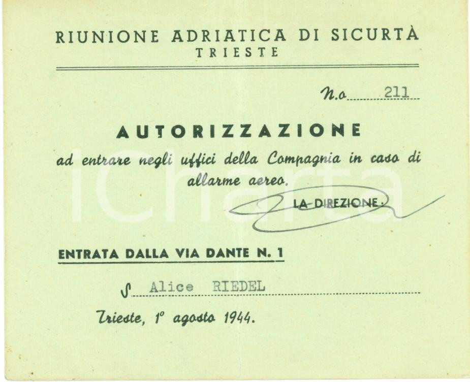 Oggetto da collezione cartaceo 1944 TRIESTE R.A.S. Autorizzazione allarme aereo 1