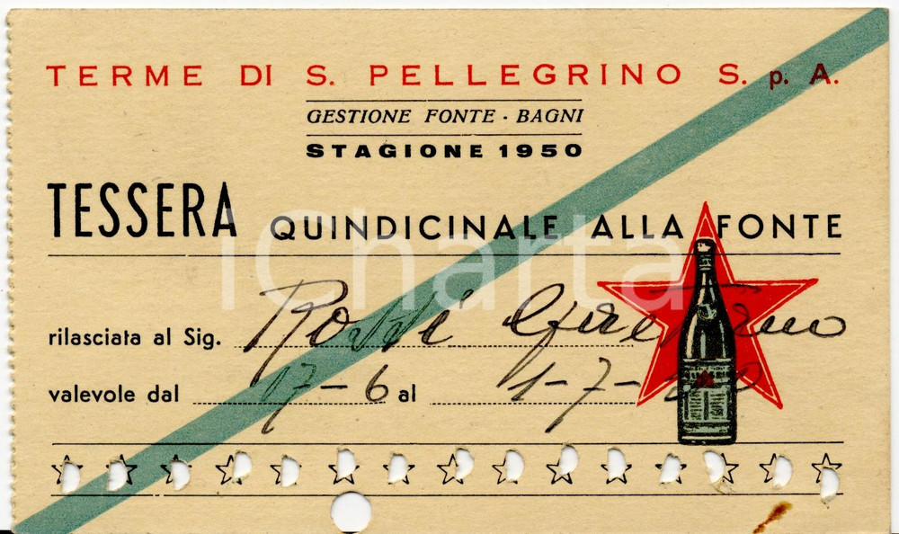 Oggetto da collezione cartaceo 1950 SAN PELLEGRINO TERME Tessera fonte Gaetano ROSSI 1