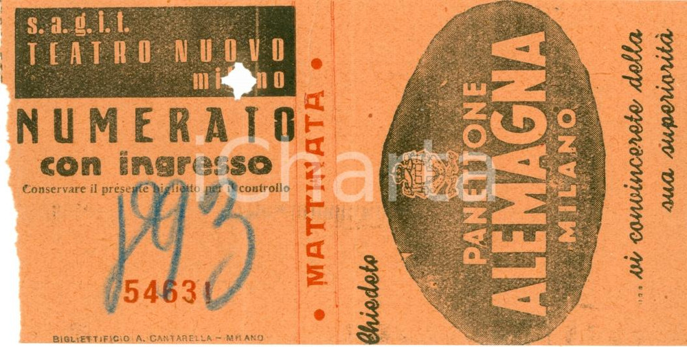 Oggetto da collezione cartaceo 1950 MILANO Biglietto Teatro Nuovo Panettone ALEMAGNA 1