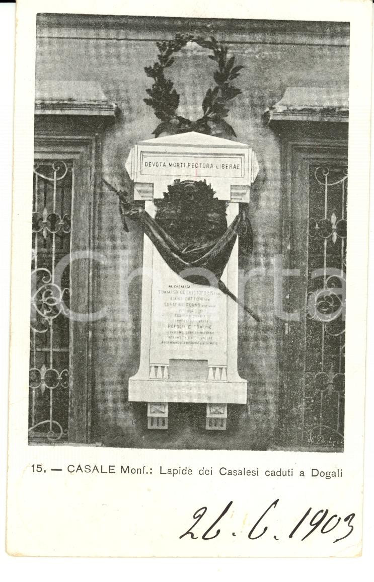 Cartolina originale da collezione 1903 CASALE MONFERRATO AL Lapide casalesi caduti a DOGALI FP VG 1