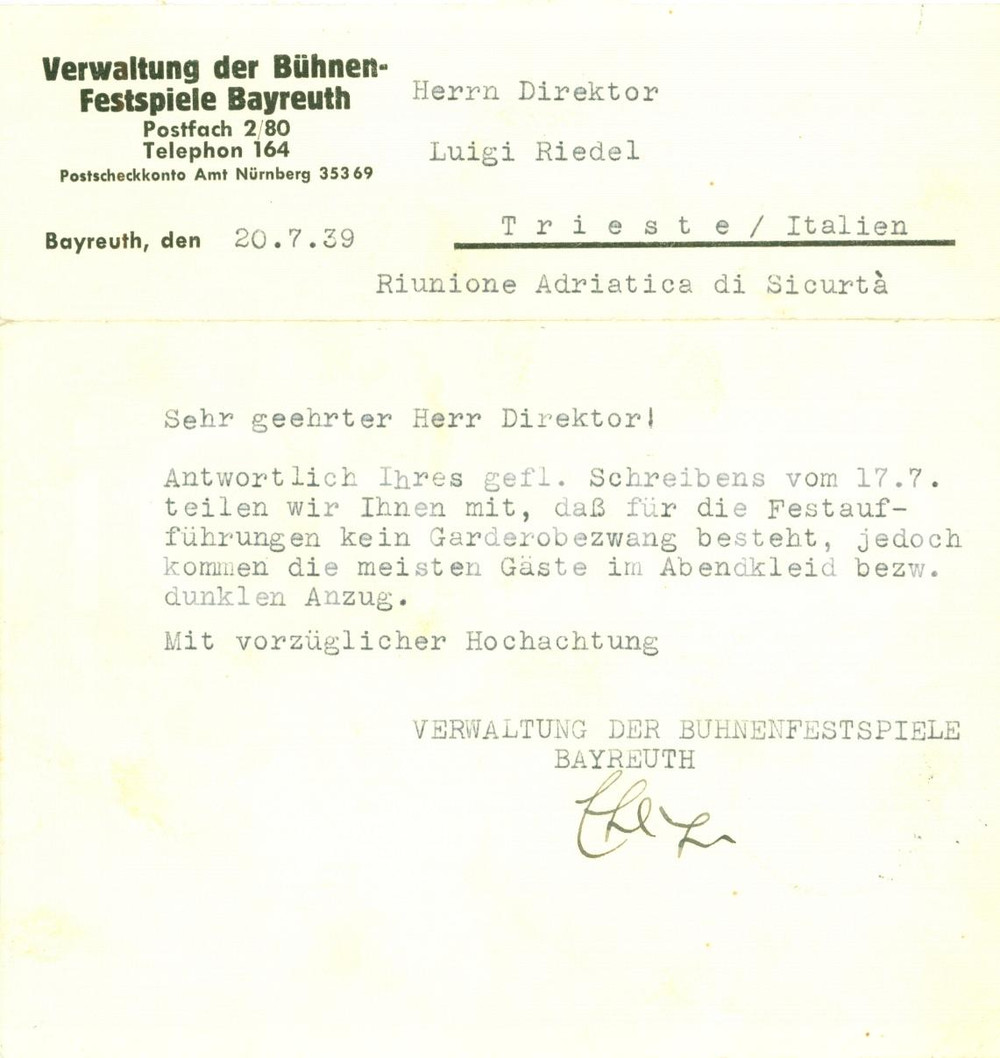 Manoscritto, lettera originale 1939 TRIESTE Abito scuro per BÃ¼hnenfestspiele BAYREUTH 1