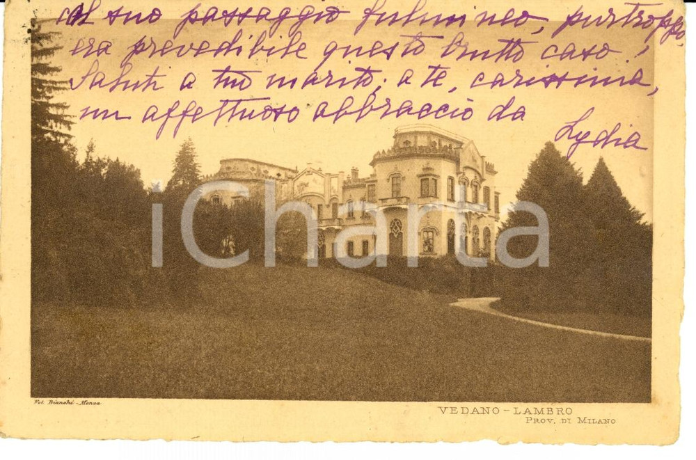 Autografo originale 1911 VEDANO AL LAMBRO Autografo Lydia CAPRARA MORANDO BOLOGNINI La Contessa nera 1