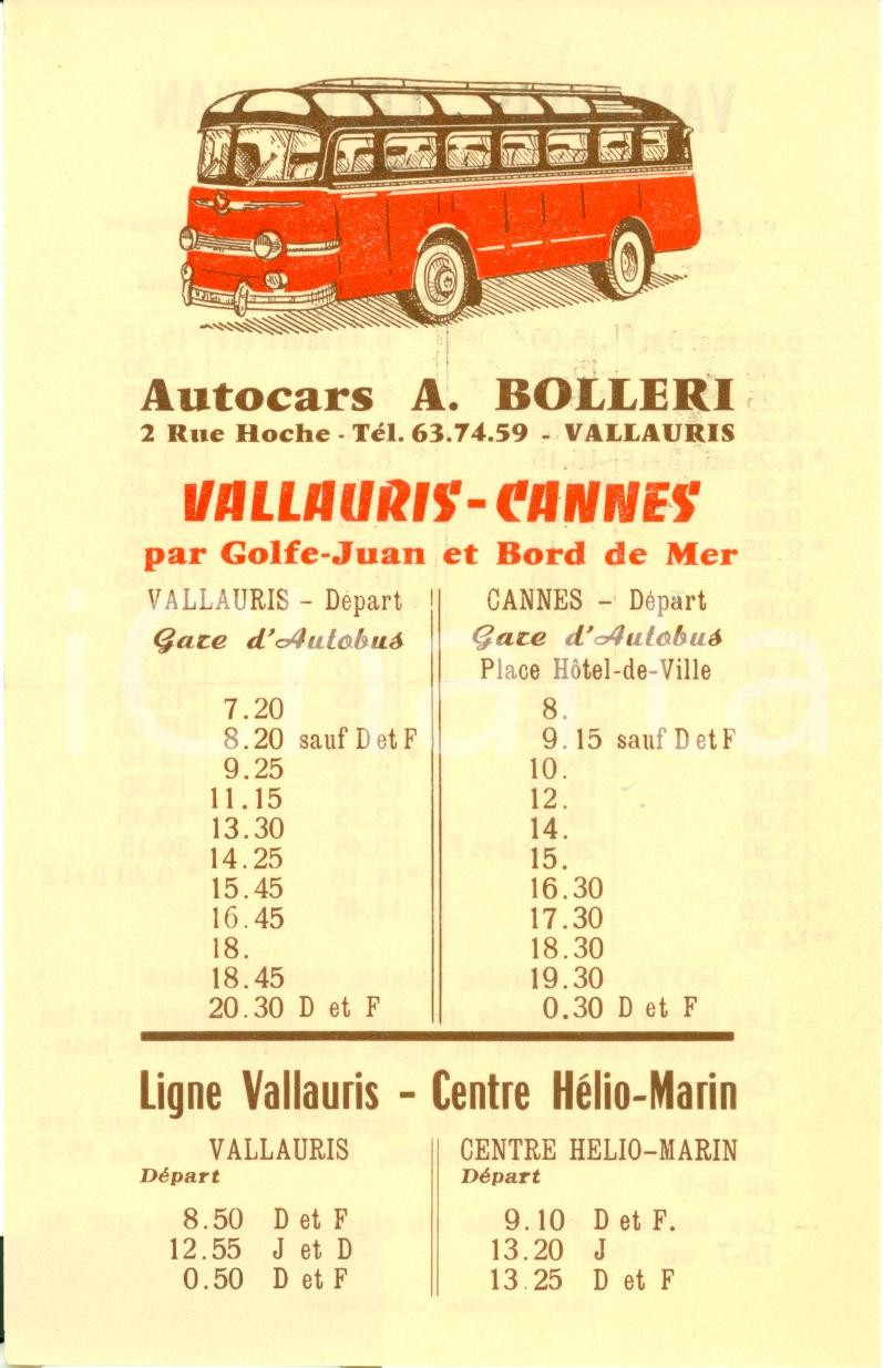 Materiale pubblicitario d’epoca 1950 ca VALLAURIS F Autocorriere A. BOLLERI per CANNES 1