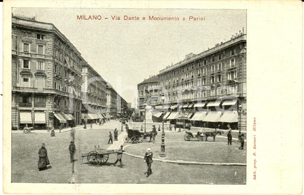 Cartolina originale da collezione 1900 ca MILANO Piazza CORDUSIO e Monumento a PARINI Cartolina ANIMATA FP NV 1