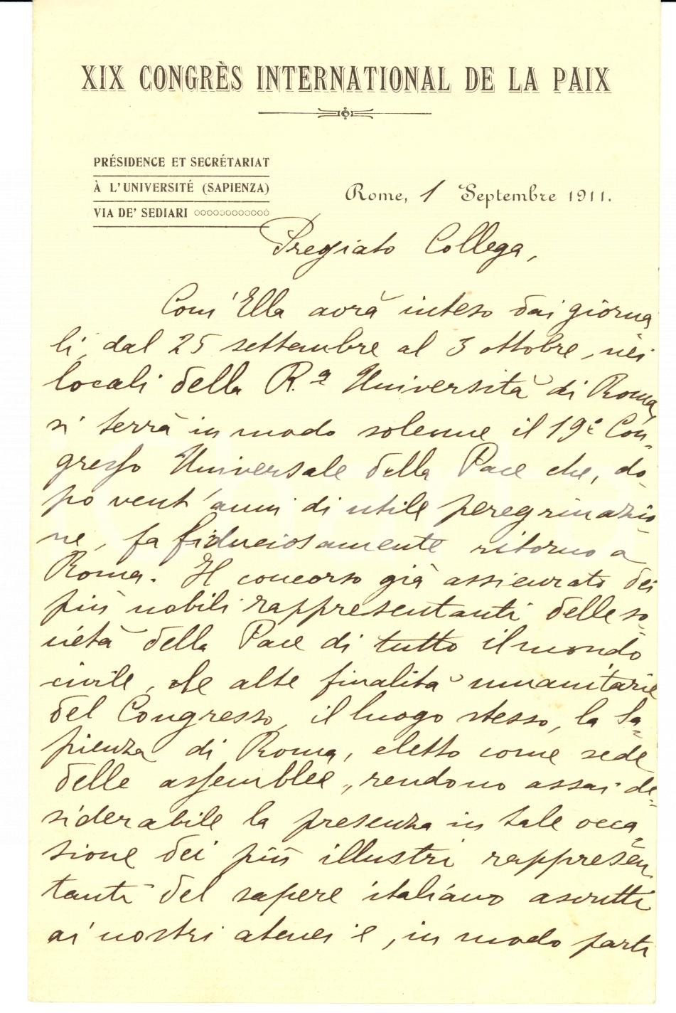 Autografo originale 1911 ROMA Invito Angelo DE GUBERNATIS al XIX Congresso della Pace Autografo 1
