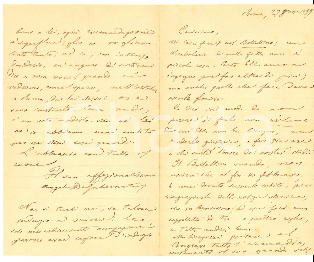 Autografo originale 1899 ROMA Consigli Angelo DE GUBERNATIS ad Antelmo SEVERINI AUTOGRAFO 1