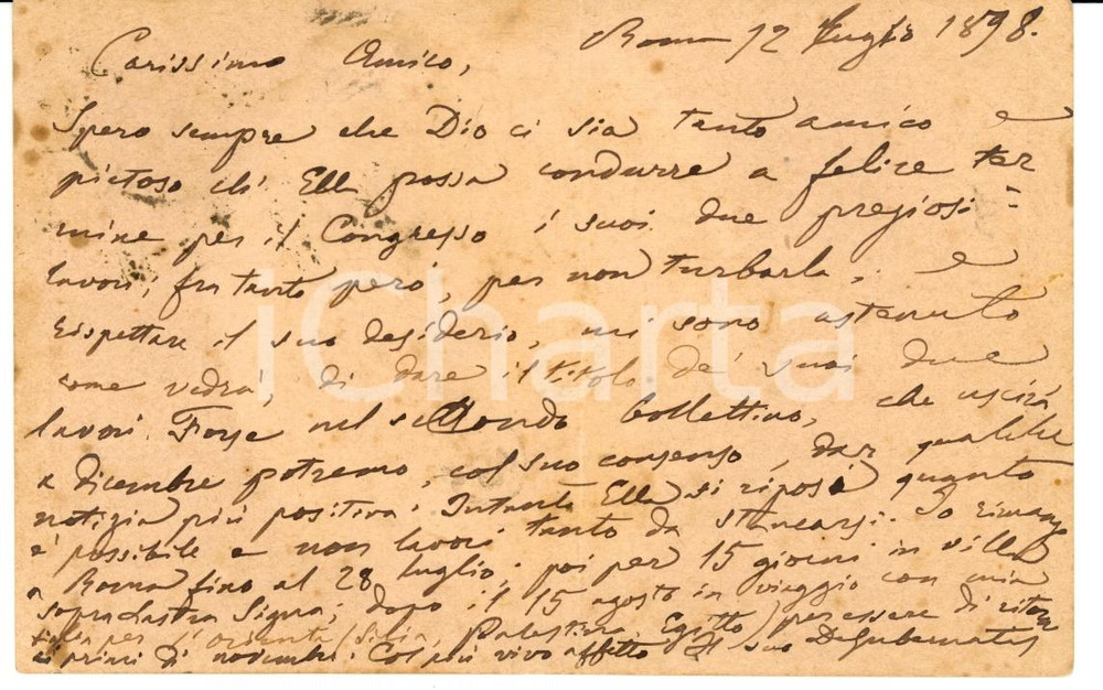 Autografo originale 1898 ROMA Angelo DE GUBERNATIS ad Antelmo SEVERINI Autografo 1