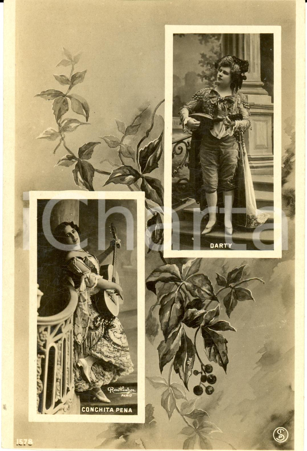 Cartolina originale da collezione 1930 circa Ritratti CONCHITA PENA e Paulette DARTY con chitarra Cartolina FP NV 1