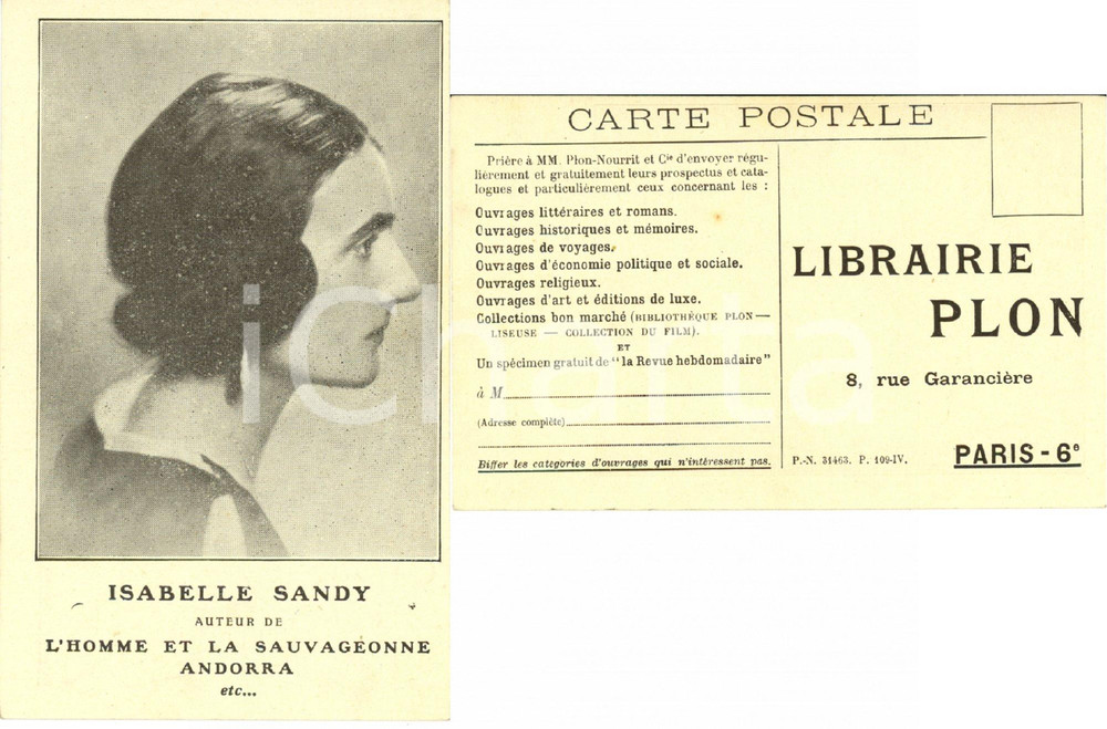 Cartolina originale da collezione 1925 ca PARIS Ritratto Isabelle SANDY Librairie PLON Cartolina FP NV 1