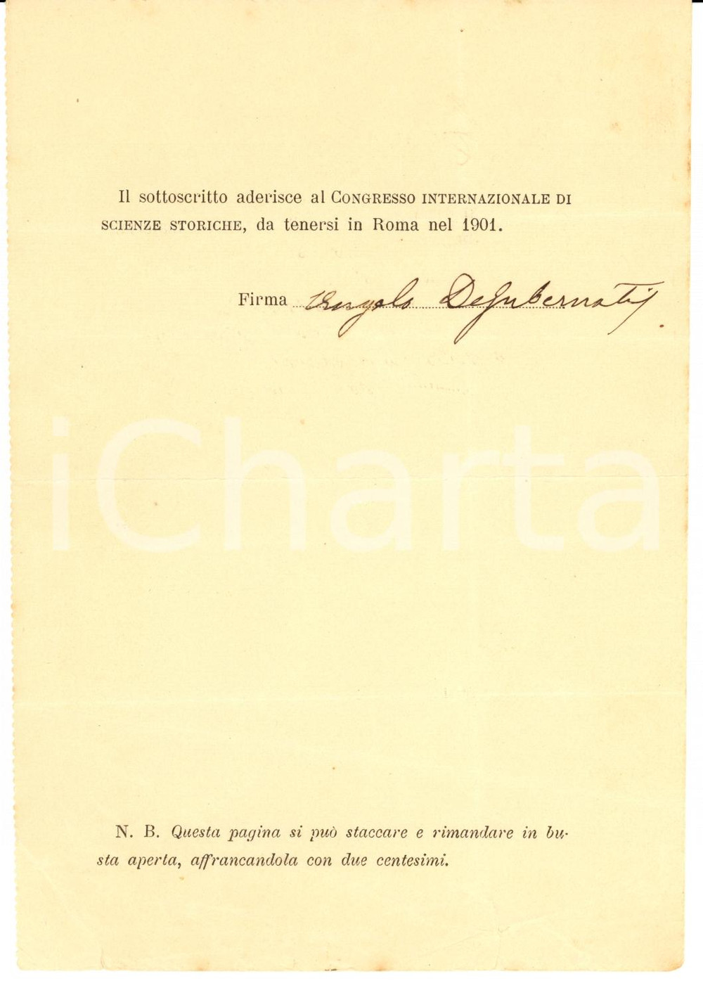 Autografo originale 1900 ROMA Angelo DE GUBERNATIS al Congresso Autografo 1