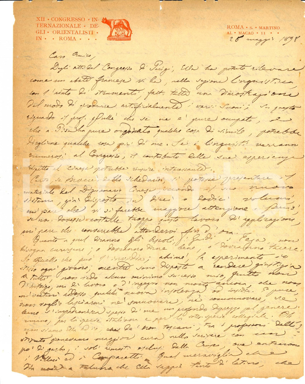 Autografo originale 1898 ROMA Angelo DE GUBERNATIS Disprezzo per la specie italiana AUTOGRAFO 1