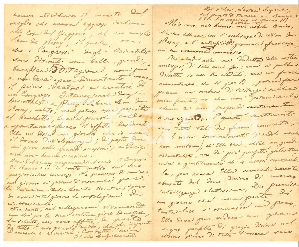 Autografo originale 1897 LASTRA A SIGNA FI Angelo DE GUBERNATIS all amico Antelmo SEVERINI 1