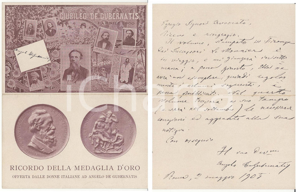 Autografo originale 1905 ROMA Biglietto Giubileo Angelo DE GUBERNATIS Autografo 1