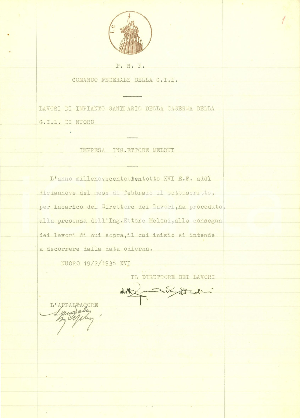 Documento originale, autentico 1938 NUORO Impresa Ettore MELONI consegna impianti sanitari caserma GIL 1