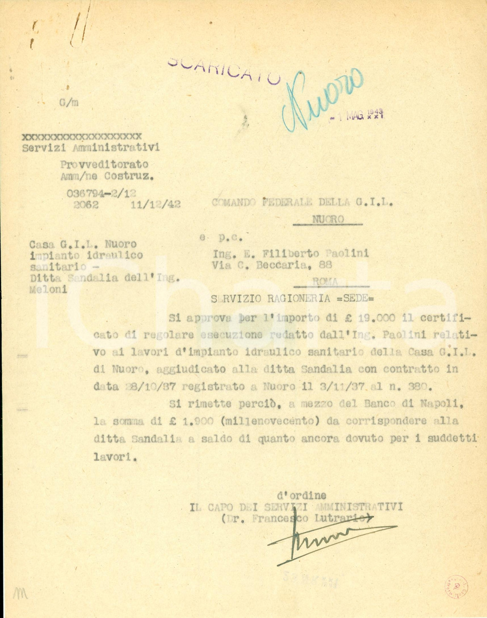 Documento originale, autentico 1942 NUORO Ditta SANDALIA realizza impianto idraulico Casa GIL Documento 1