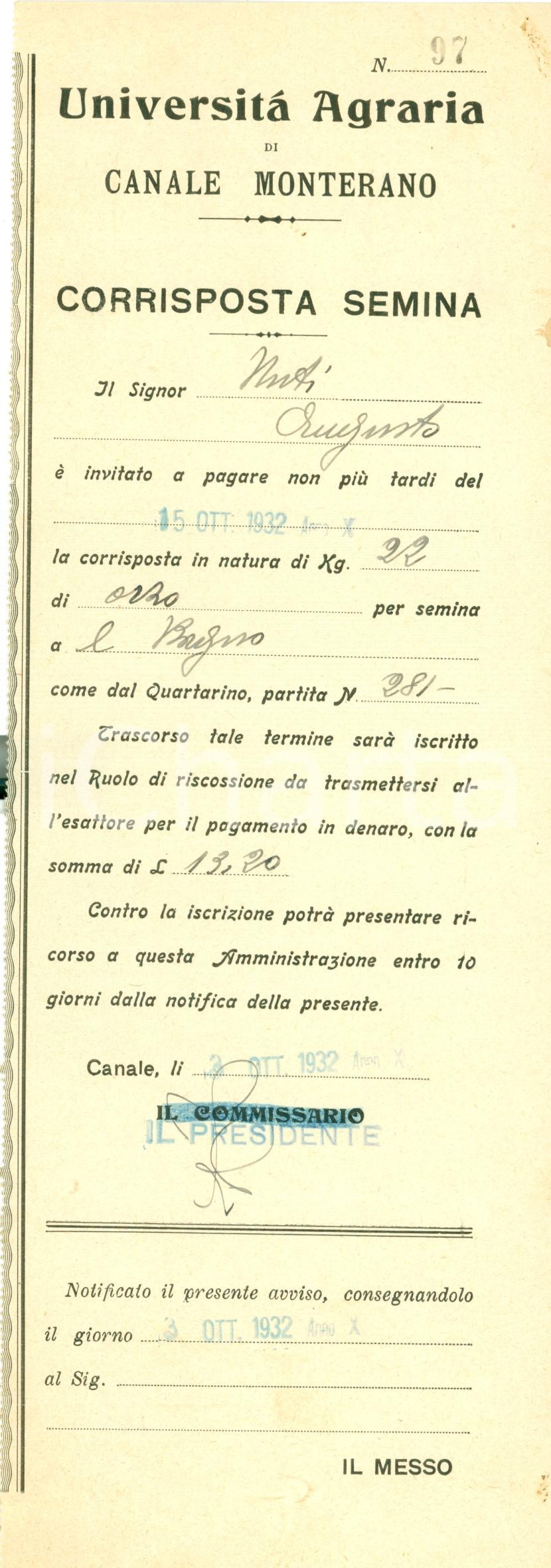 Documento originale, autentico 1932 CANALE MONTERANO Pagamento in orzo di Augusto NUTI 1