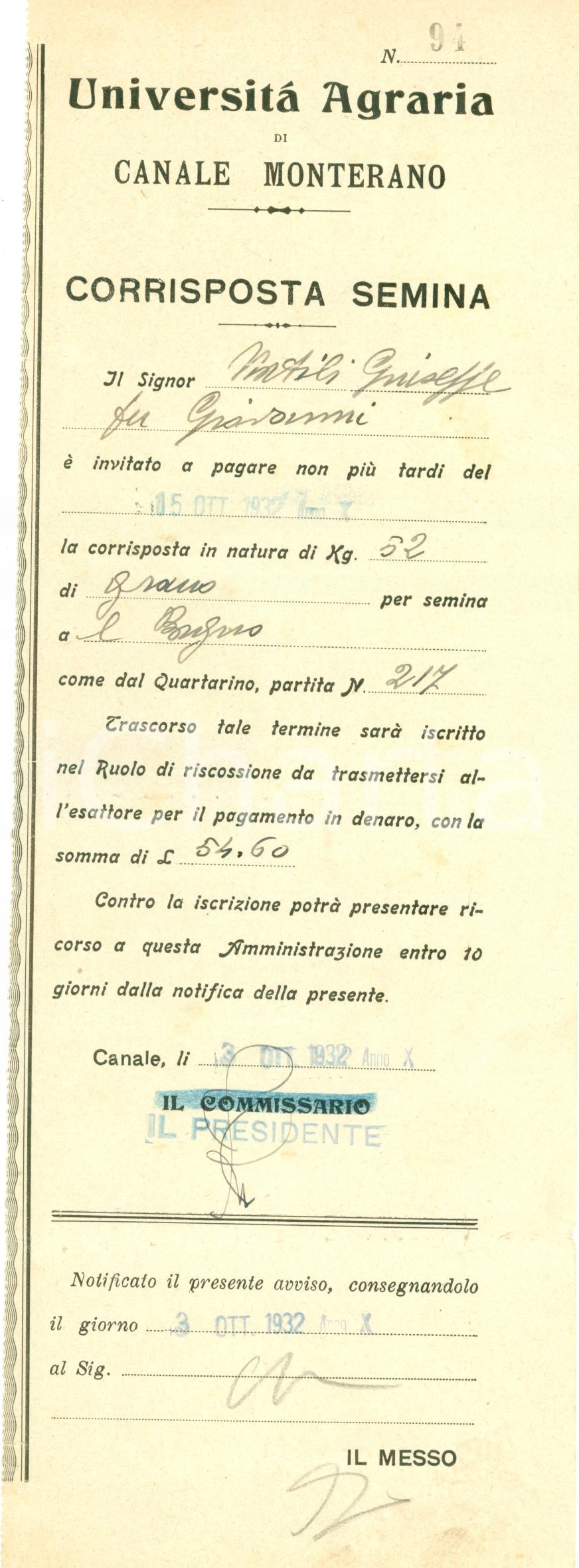Documento originale, autentico 1932 CANALE MONTERANO Pagamento grano Giuseppe NATILI 1