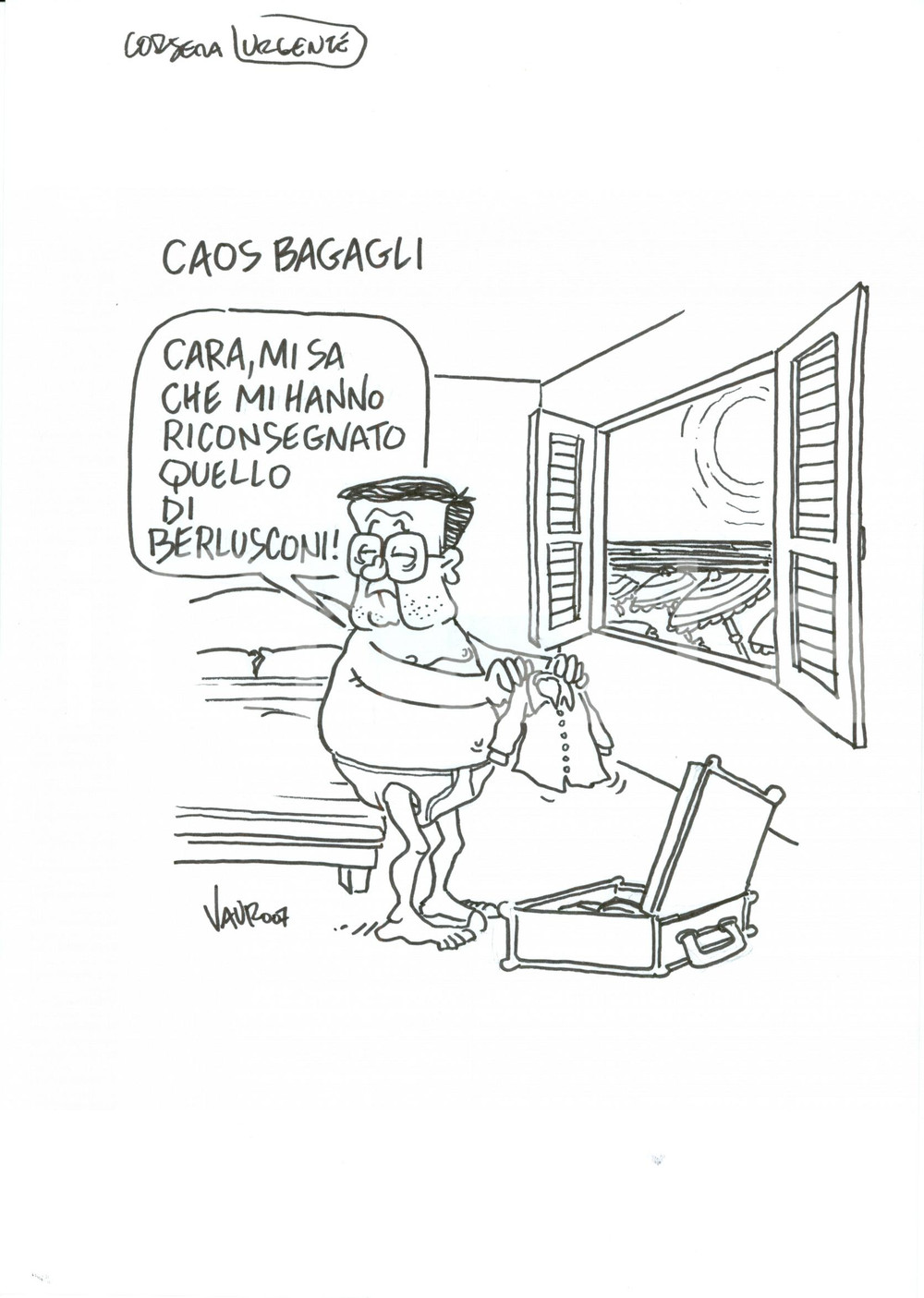 Stampa, bozzetto originale 2007 DISEGNO originale VAURO Caos bagagli FIUMICINO PRODI e bagaglio BERLUSCONI 1
