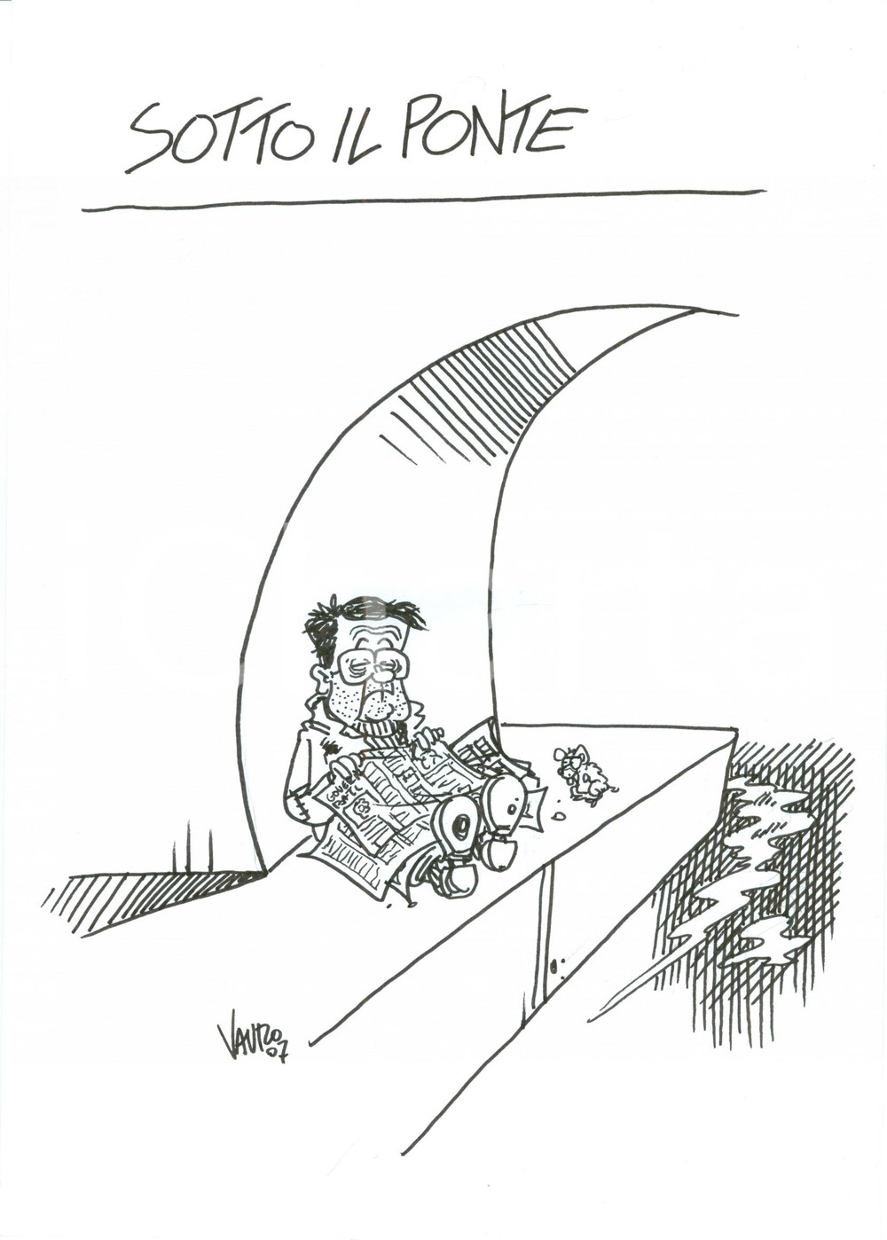 Stampa, bozzetto originale 2007 DISEGNO originale VAURO Senesi Governo Romano PRODI battuto Sotto il ponte 1