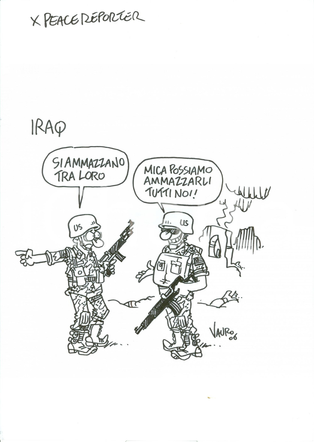 Stampa, bozzetto originale 2006 DISEGNO originale VAURO Senesi Missione di pace in IRAQ Guerra USA 1