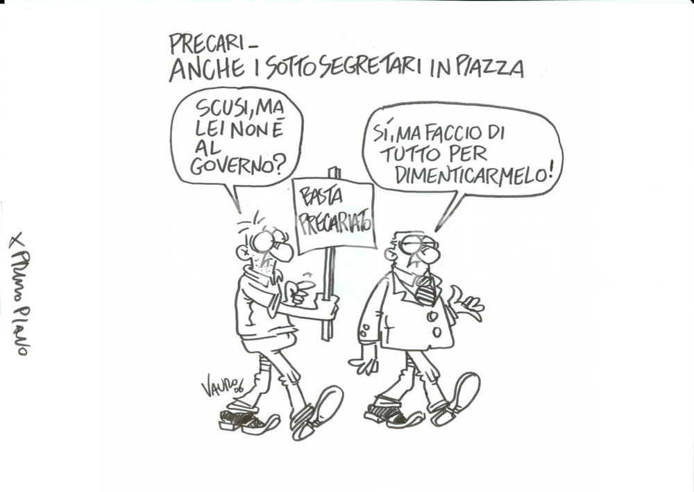 Stampa, bozzetto originale 2006 DISEGNO originale VAURO Senesi Precari Sciopero PD contro proprio governo 1