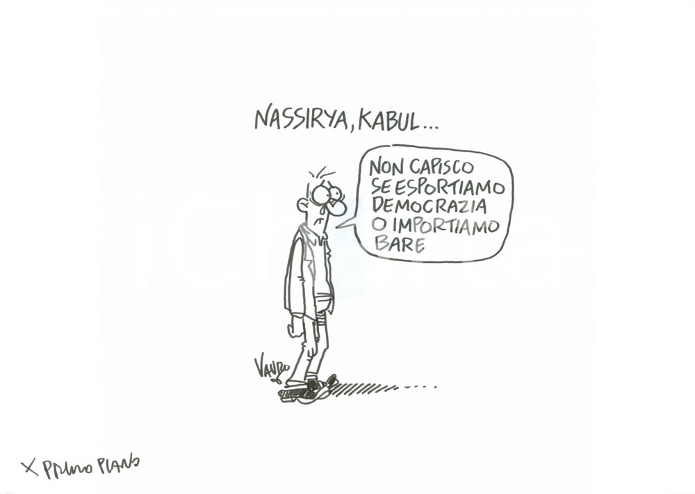 Stampa, bozzetto originale 2006 DISEGNO originale VAURO NASSIRIYA Esportiamo democrazie importiamo bare 1