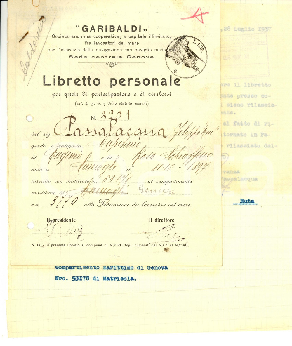 Documento originale, autentico 1937 GENOVA Libretto SocietÃ  GARIBALDI capitano Filippo PASSALACQUA 1
