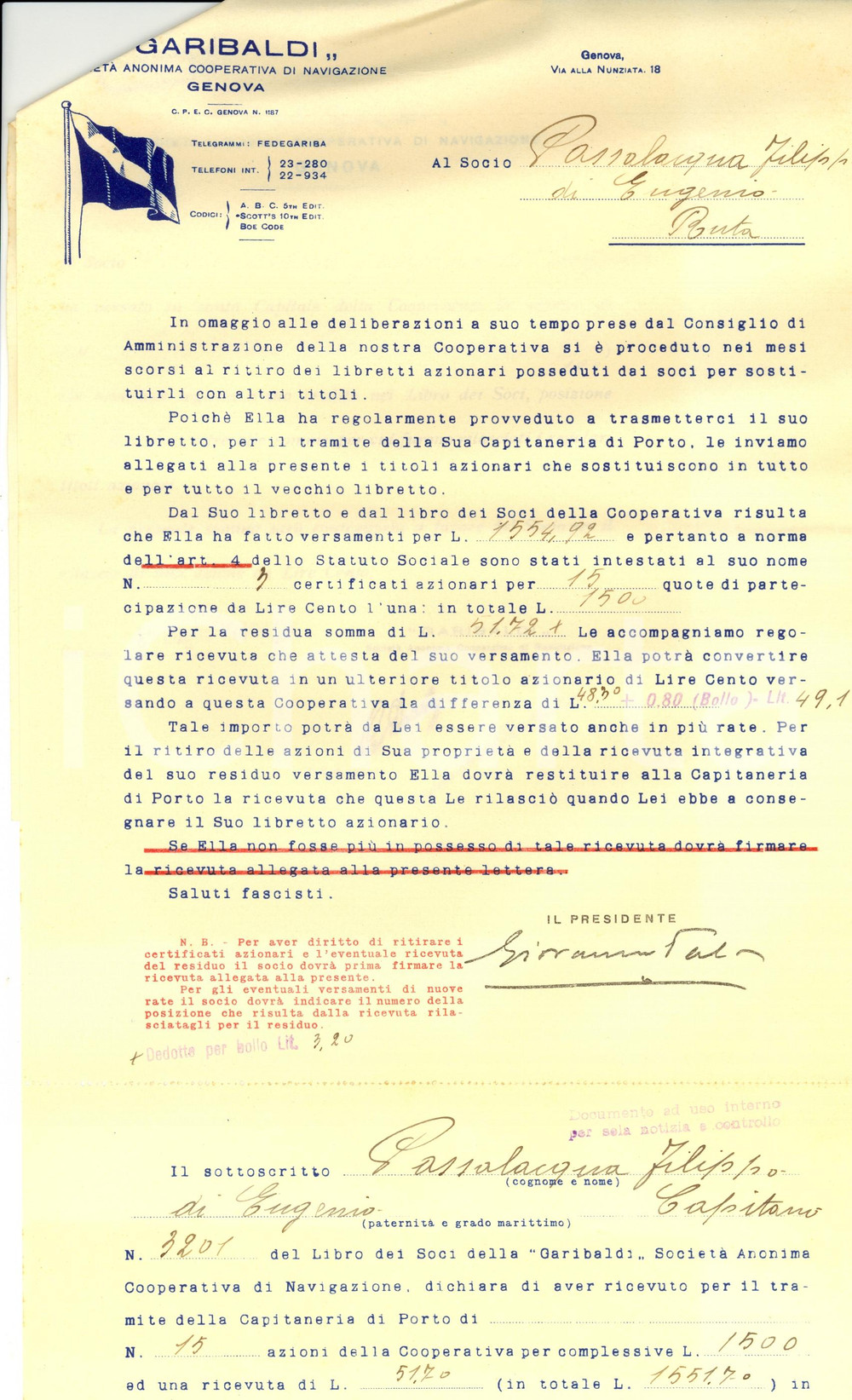 Documento originale, autentico 1936 GENOVA SocietÃ  GARIBALDI Titoli azionari capitano Filippo PASSALACQUA 1