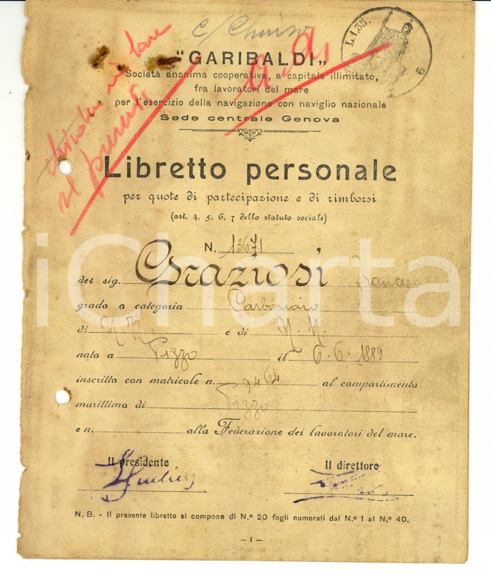 Documento originale, autentico 1922 GENOVA Libretto personale SocietÃ  GARIBALDI Francesco GRAZIOSI 1