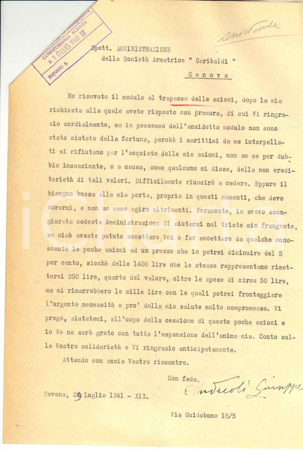 Documento originale, autentico 1941 SAVONA Giuseppe ANDREOLI chiede rimborso azioni GARIBALDI 1
