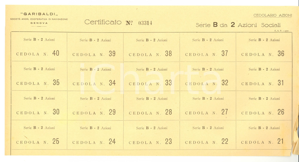 Oggetto da collezione cartaceo 1940 GENOVA Cedole azionarie SocietÃ  Navigazione GARIBALDI 1