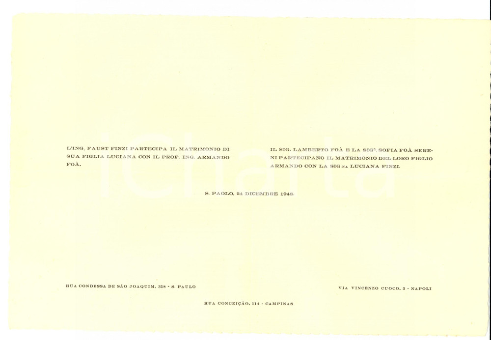Documento originale, autentico 1948 SAO PAULO Brazil Nozze Armando FOA  e Luciana FINZI 1