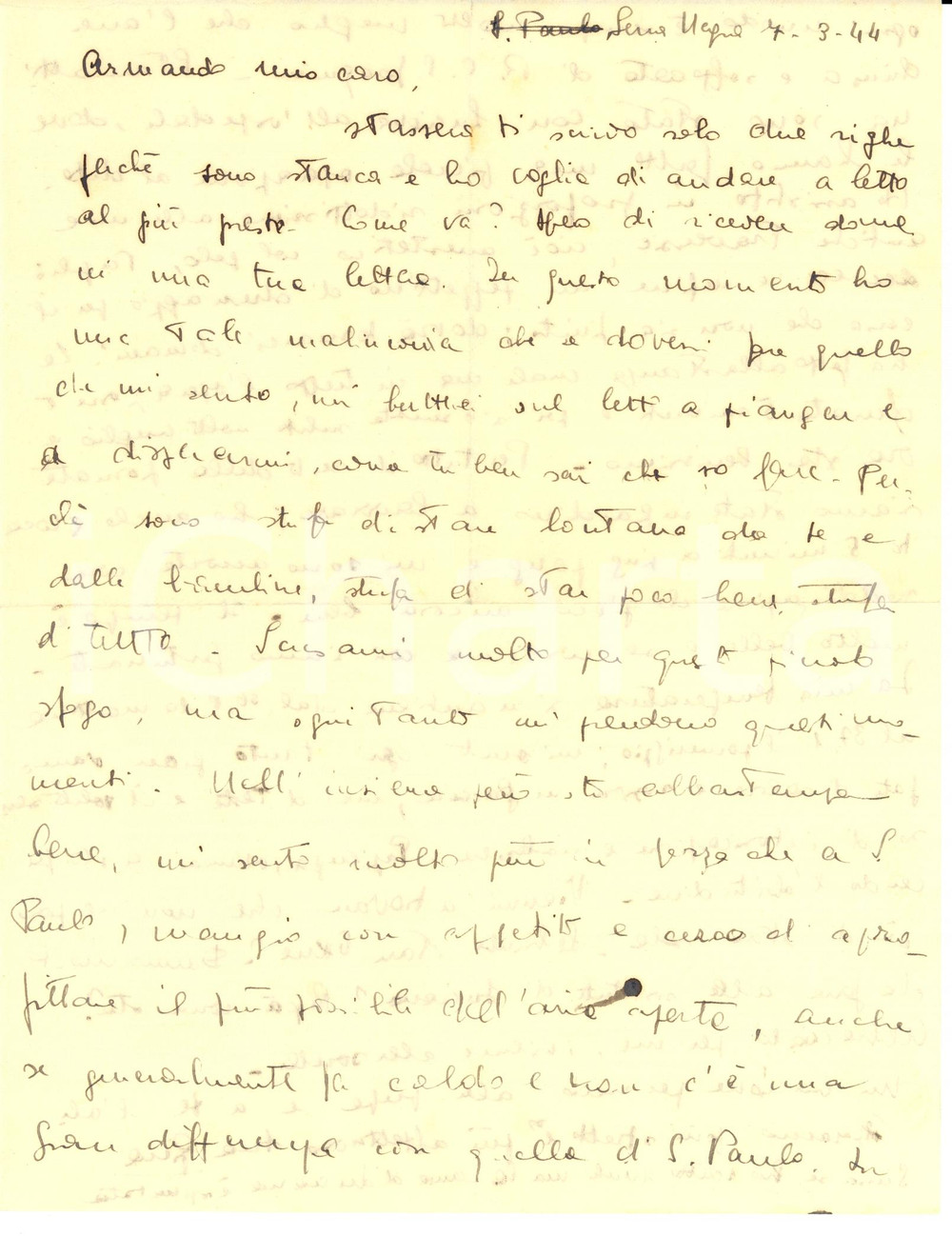 Documento originale, autentico 1944 SAO PAULO Brazil Gina FINZI al marito Armando SORANI sionista 1