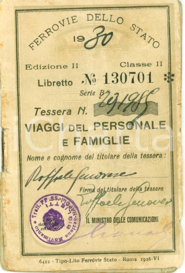 Oggetto da collezione cartaceo 1930 FERROVIE DELLO STATO Tessera viaggi gratuiti Raffaele GENOVESE 1