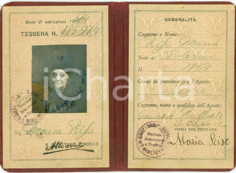 Oggetto da collezione cartaceo 1924 FERROVIE DELLO STATO Tessera riconoscimento Maria GENOVESE 1
