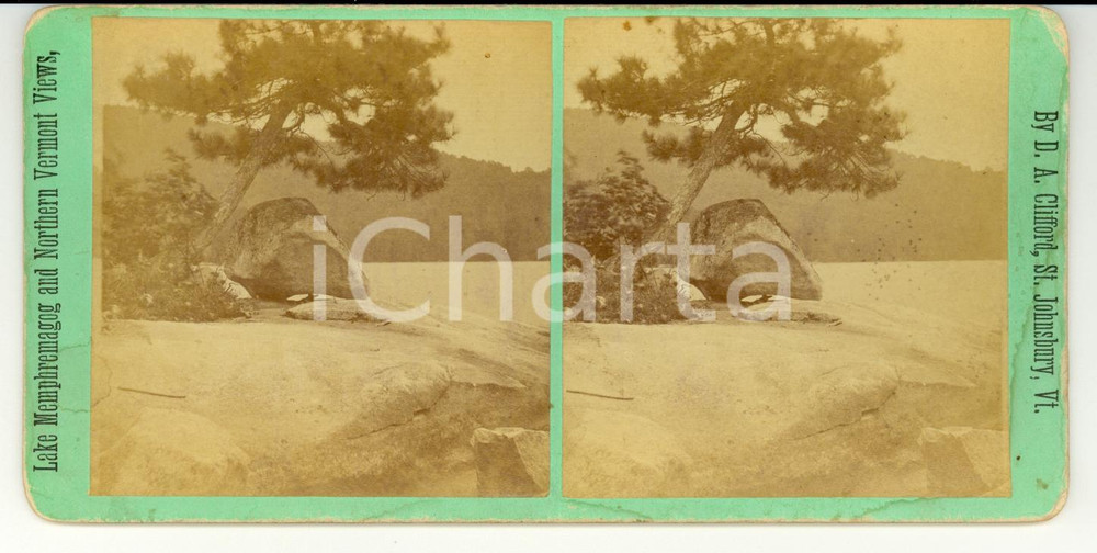 Fotografia d epoca originale 1890 NEWPORT USA  Balance rock Lake MEMPHREMAGOG  Stereoscopy CLIFFORD 1