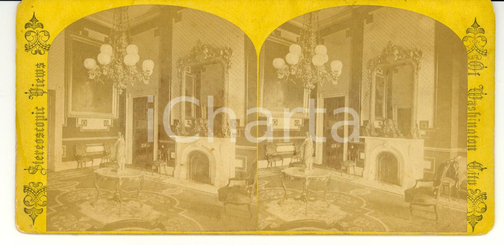 Fotografia d epoca originale 1890 WASHINGTON D.C. USA Green Room in the WHITE HOUSE Stereoscopy 1