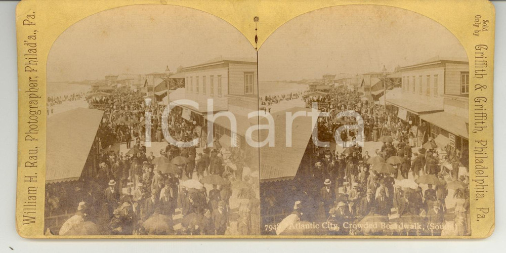 Fotografia d epoca originale 1890 ATLANTIC CITY USA A crowded boardwalk  Stereoscopy 1