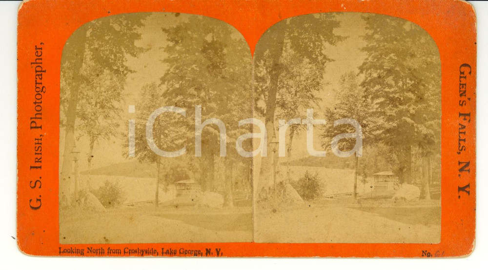 Fotografia d epoca originale 1890 CROSBYSIDE NY, USA  Looking north Lake GEORGE Stereoscopy 1