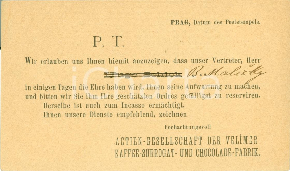 Cartolina originale da collezione 1881 PRAGA Velimer KaffeeSurrogat und ChocoladeFabrik Postcard 1