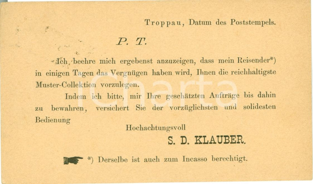 Cartolina originale da collezione 1882 TROPPAU REPUBBLICA CECA Ditta S.D. Klauber invia campionario Biglietto 1