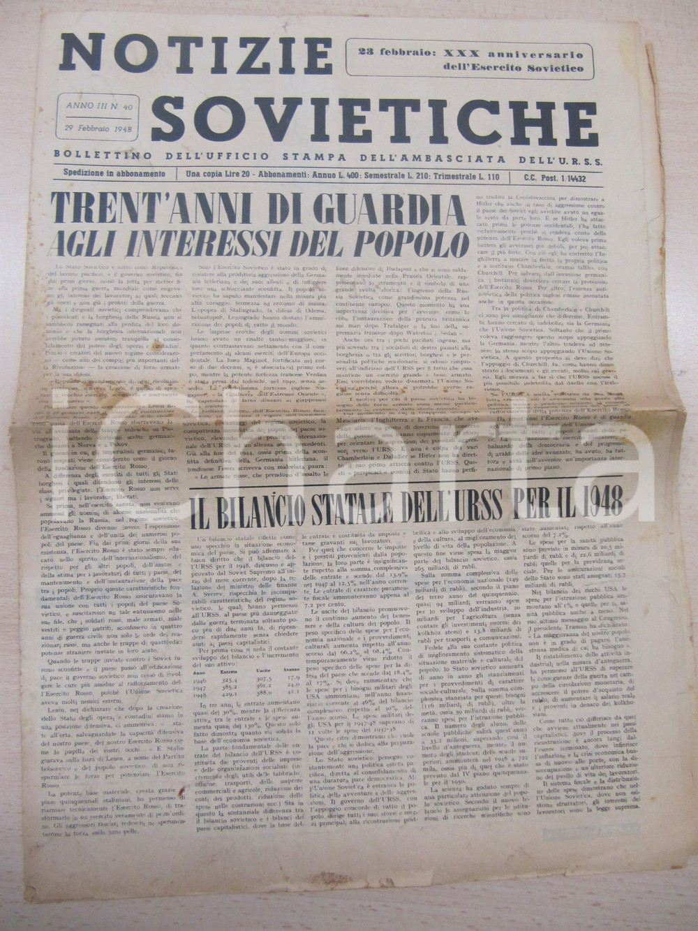Giornale, rivista storica 1948 NOTIZIE SOVIETICHE Trent anni dell ESERCITO ROSSO Giornale 1
