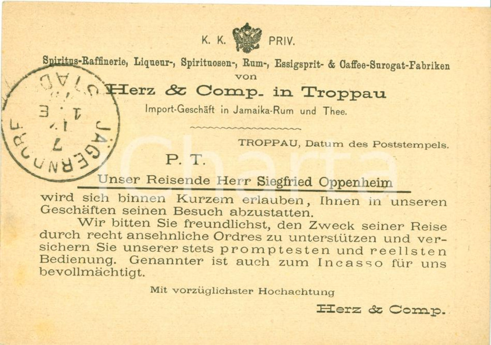 Cartolina originale da collezione 1875 TROPPAU Ditta HERZ & COMP. JamaikaRum und Thee Spiritus Raffinerie 1