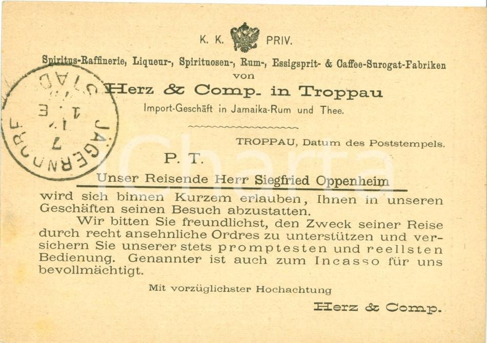 Cartolina originale da collezione 1875 TROPPAU Ditta HERZ & COMP. JamaikaRum und Thee Spiritus Raffinerie 1