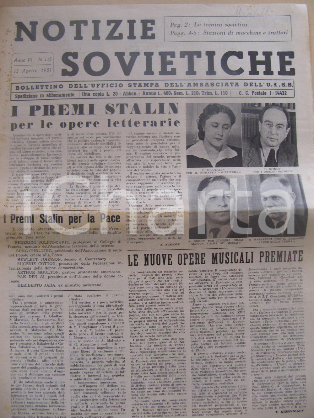 Giornale, rivista storica 1951 NOTIZIE SOVIETICHE Premi STALIN per le opere letterarie Giornale 1