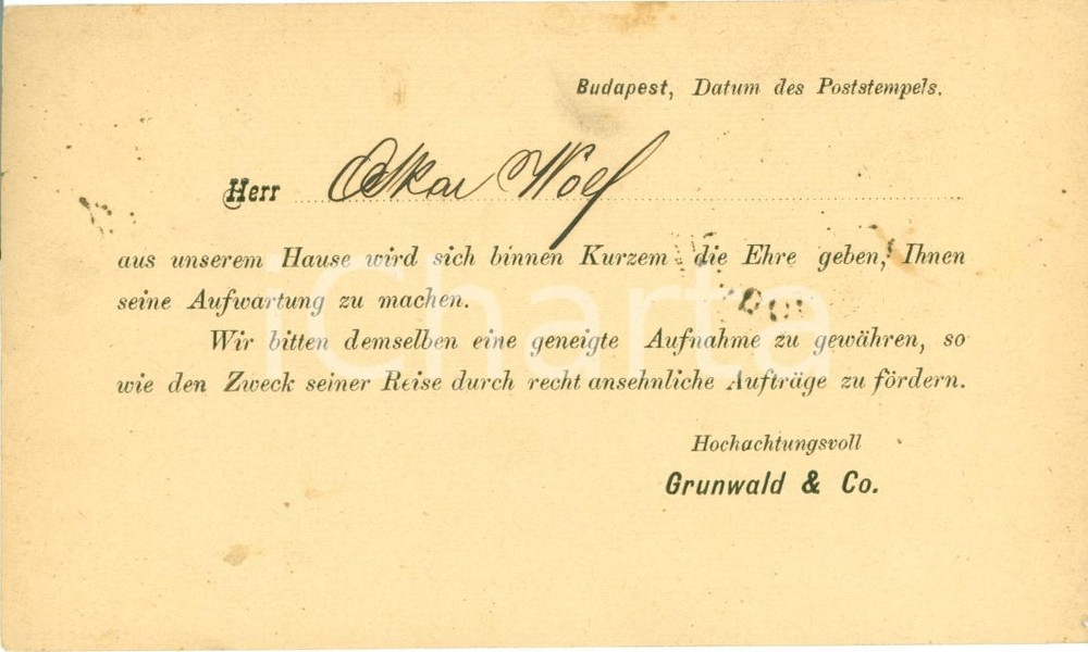Cartolina originale da collezione 1877 BUDAPEST Ditta GRUNWALD & CO. invia rappresentante Biglietto 1