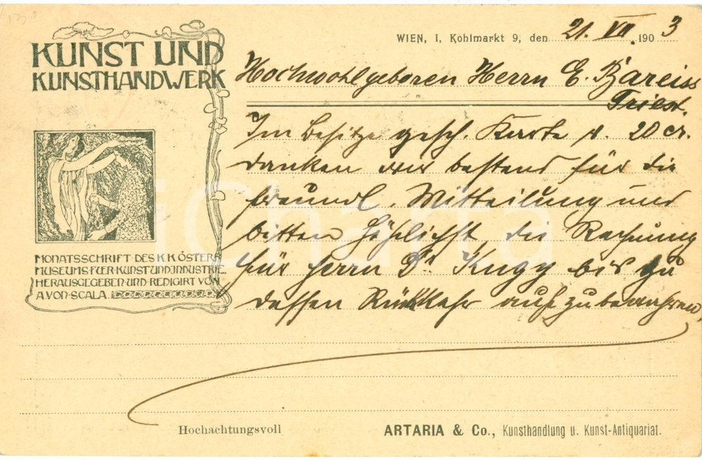 Cartolina originale da collezione 1903 WIEN Kunst und Kunsthandwerk Arthur VON SCALA Cartolina FP VG 1