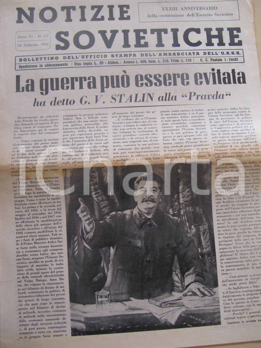 Giornale, rivista storica 1951 NOTIZIE SOVIETICHE Guerra in COREA può essere evitata STALIN Giornale 1